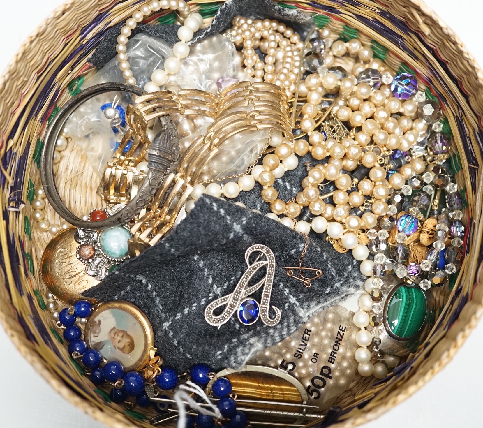 Assorted jewellery including mainly costume, including lapis lazuli necklace, gold plated half hunter pocket watch etc.